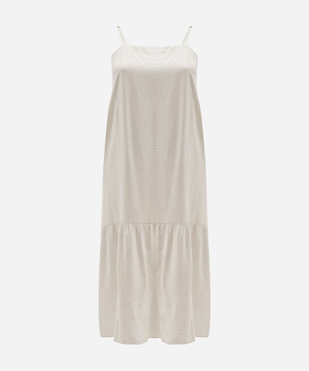 vestido midi feminino alça fina com recorte e bolsos texturizado plus size off white