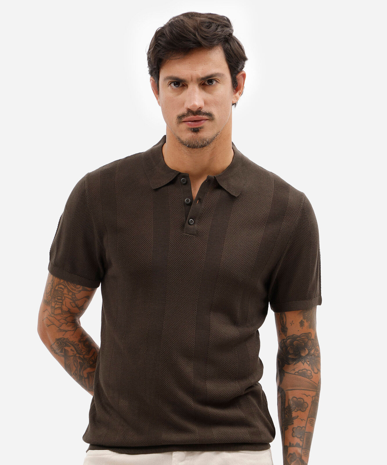 polo masculina de tricot manga curta marrom