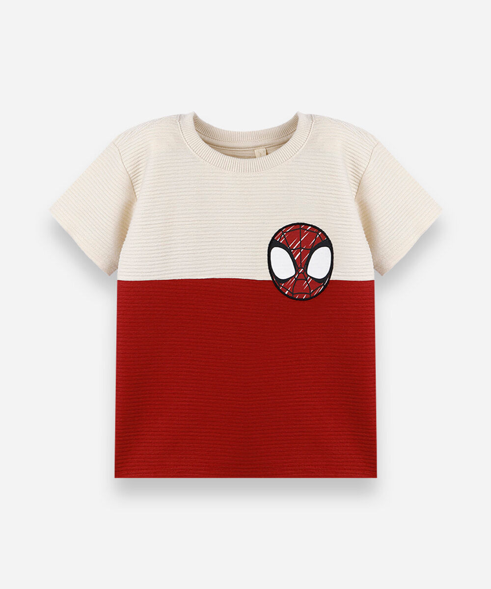 camiseta infantil com algodão e recorte manga curta homem aranha bege