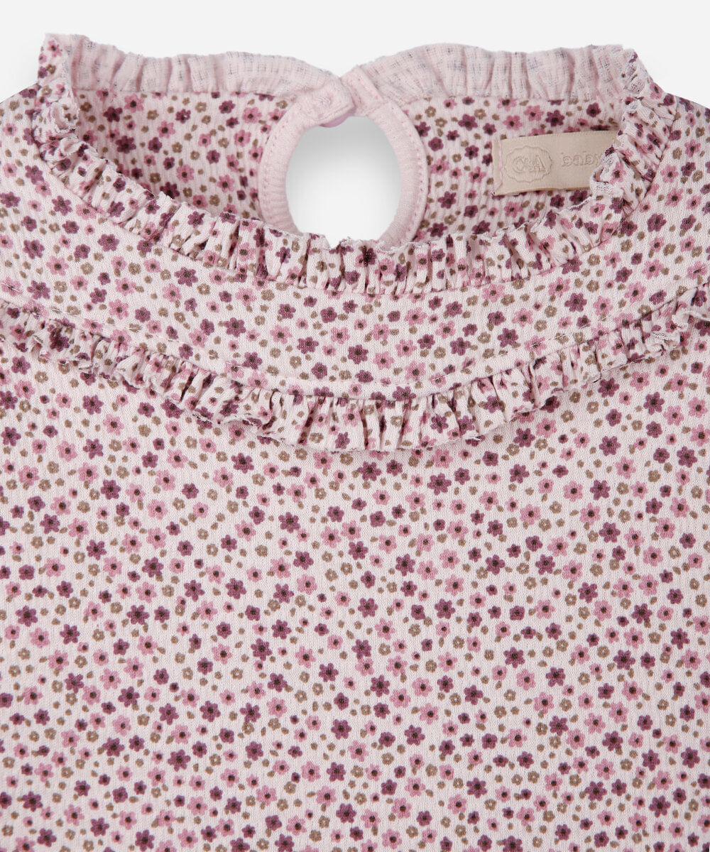 body vestido infantil de algodão manga longa floral rosa