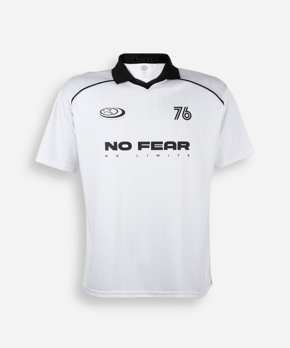 camiseta juvenil manga curta com gola e nervuras manga curta off white