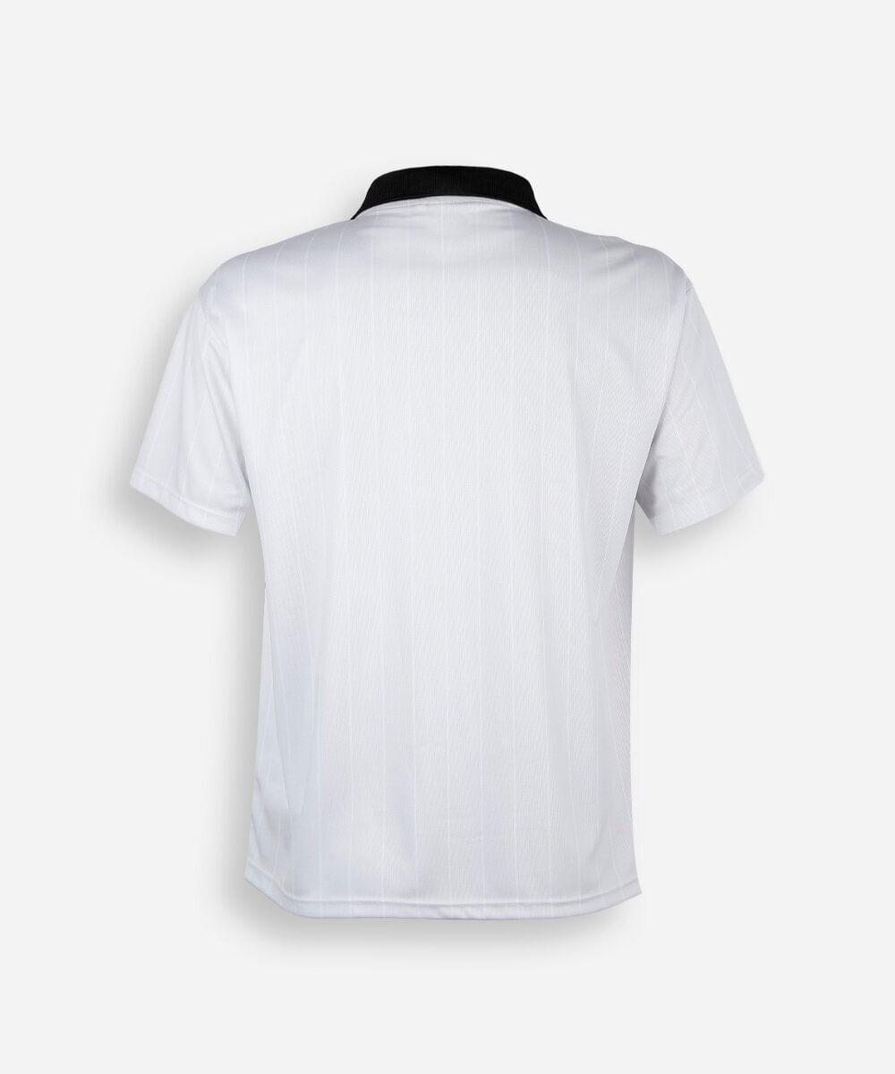 camiseta juvenil manga curta com gola e nervuras manga curta off white