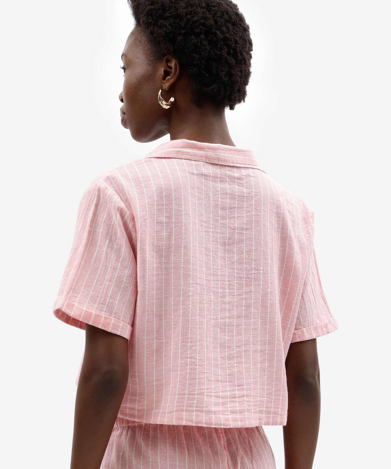 camisa boxer feminina com linho manga curta listrada rosa