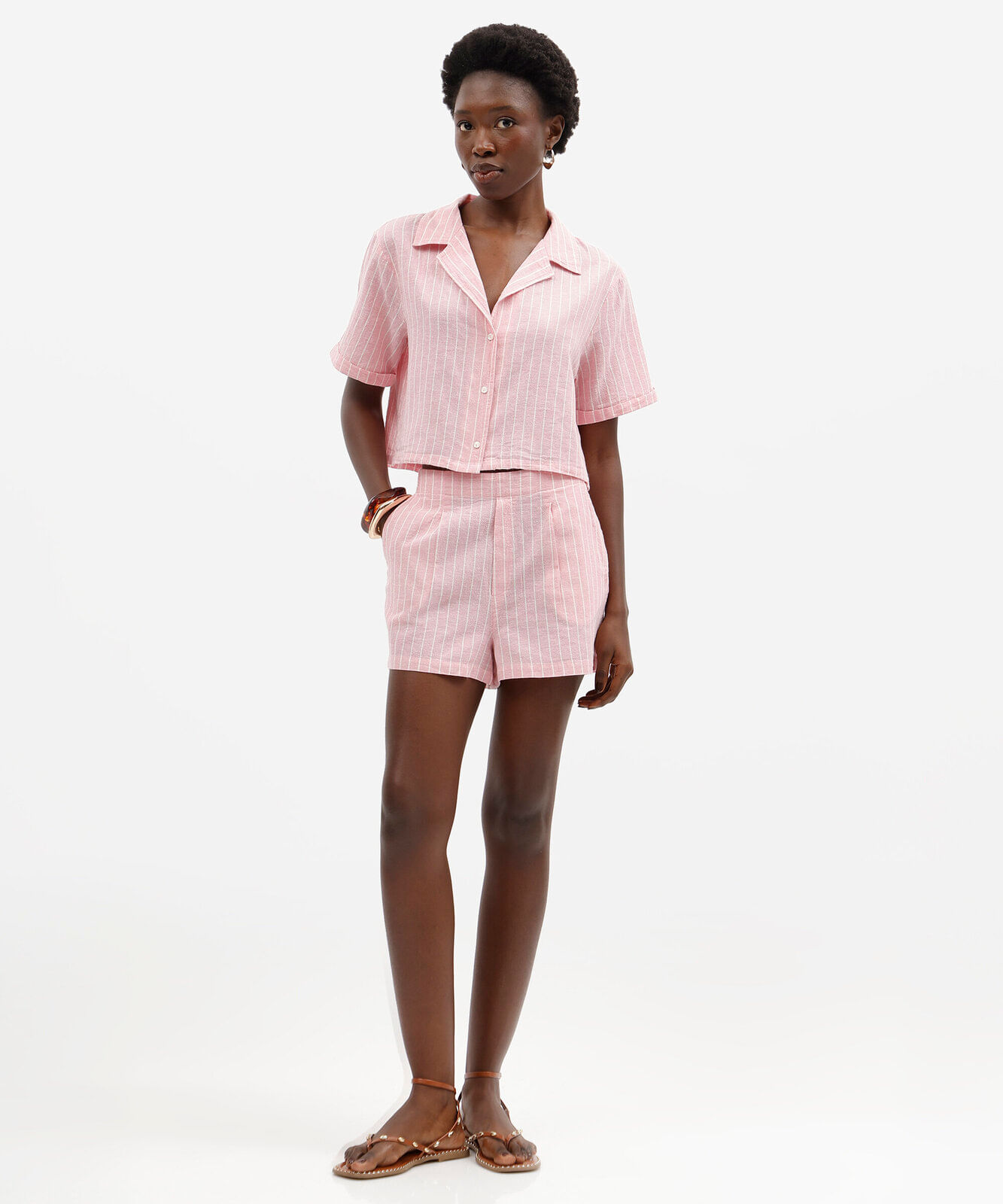 camisa boxer feminina com linho manga curta listrada rosa