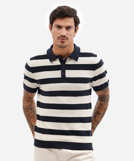 polo masculina de tricot manga curta listrada azul