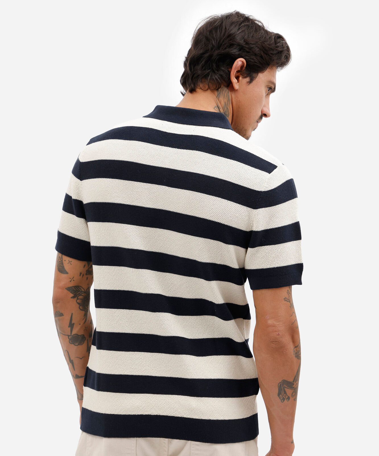 polo masculina de tricot manga curta listrada azul