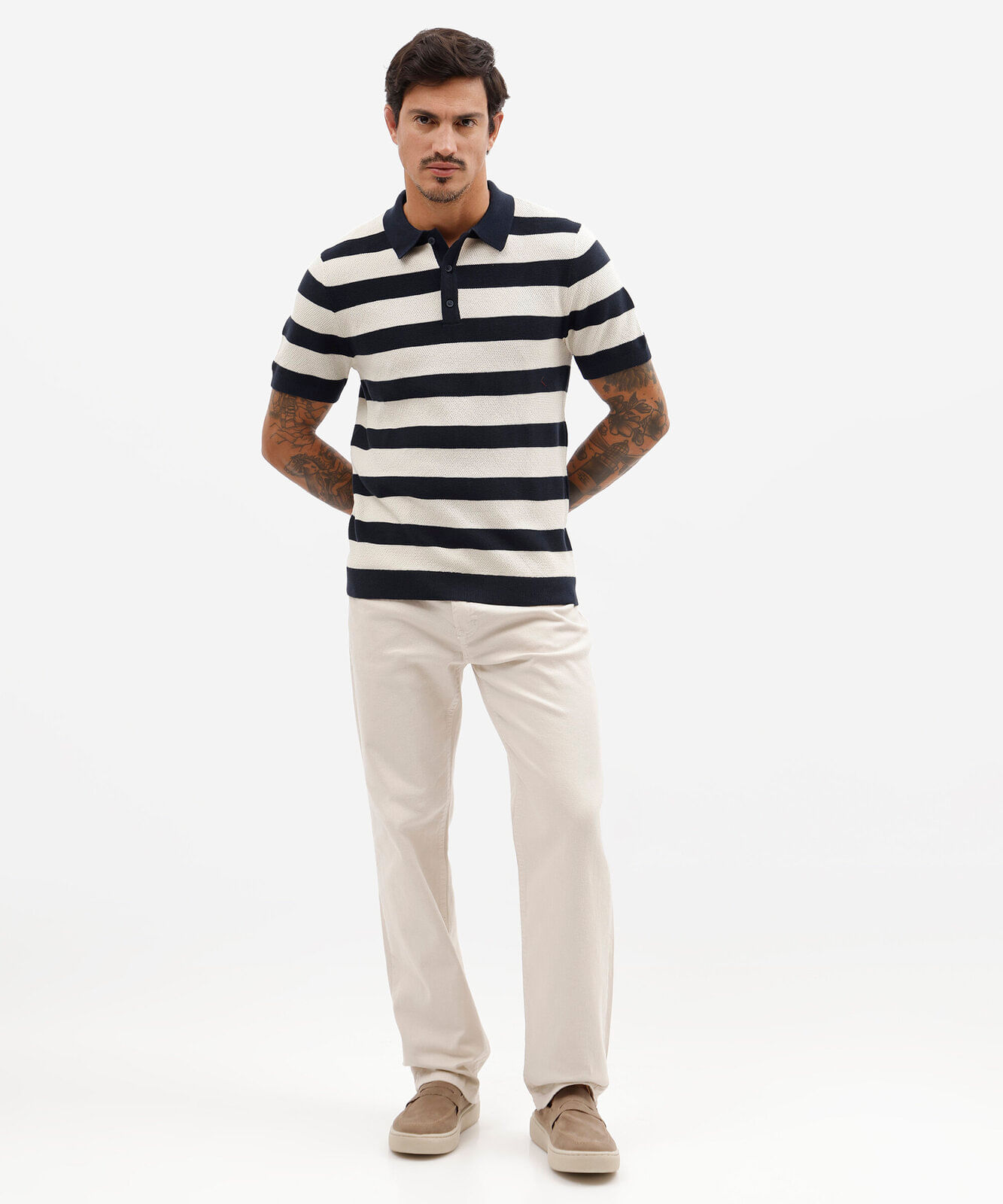 polo masculina de tricot manga curta listrada azul