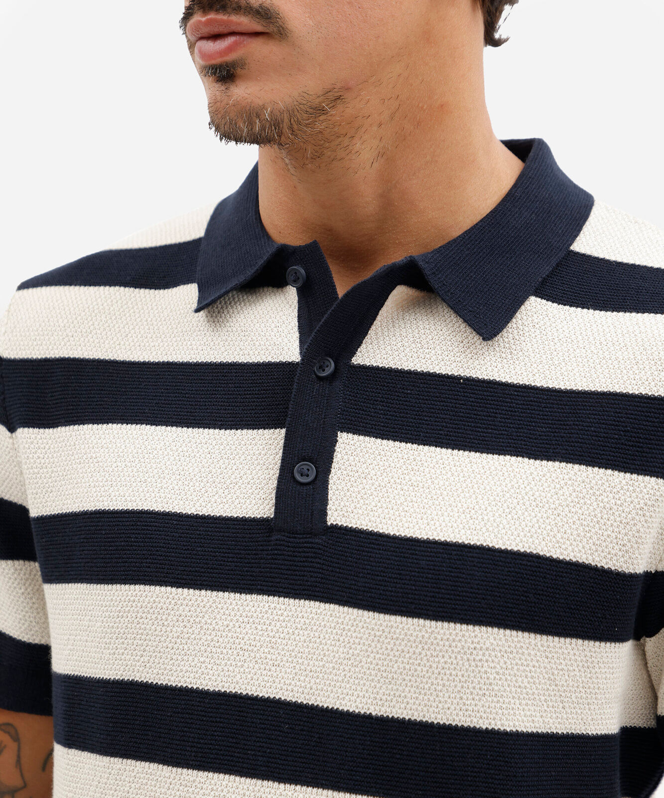polo masculina de tricot manga curta listrada azul