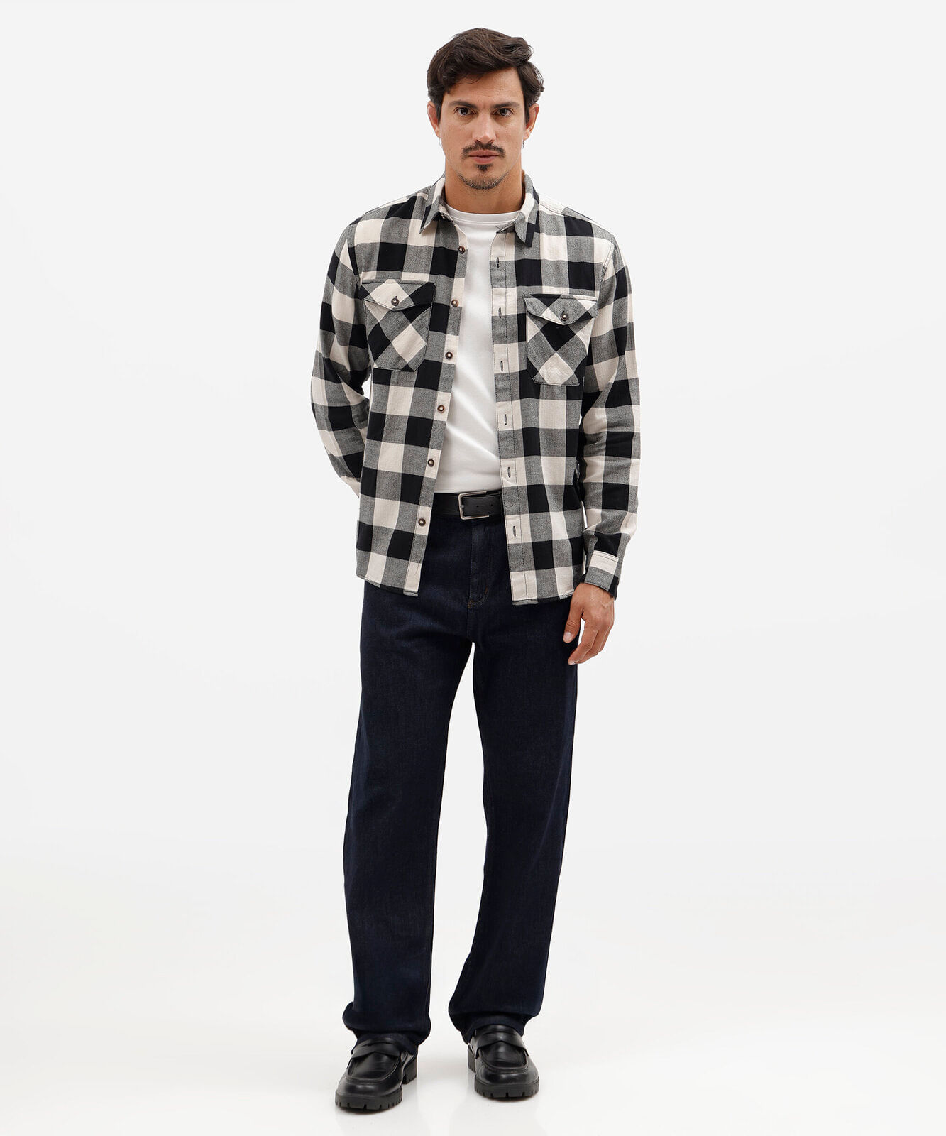 camisa masculina de algodão manga longa com bolsos xadrez colorida