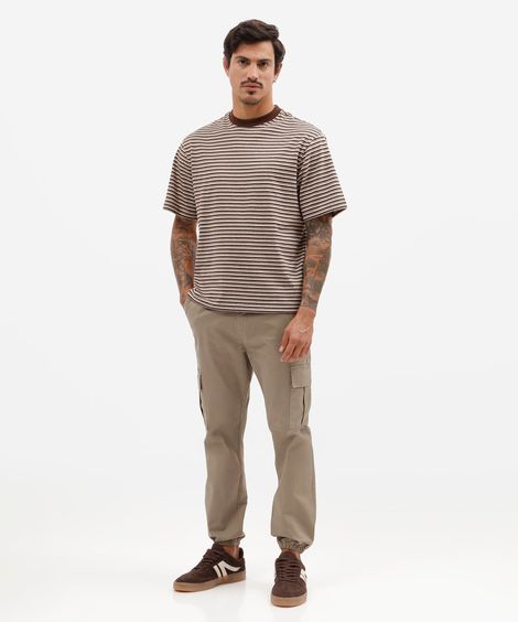 calça jogger cargo masculina de sarja cós elástico bege