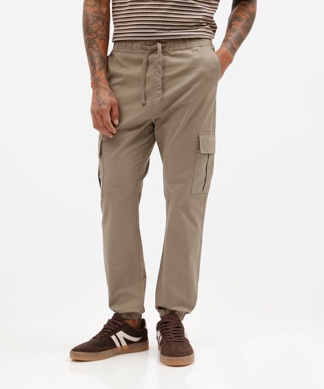 calça jogger cargo masculina de sarja cós elástico bege