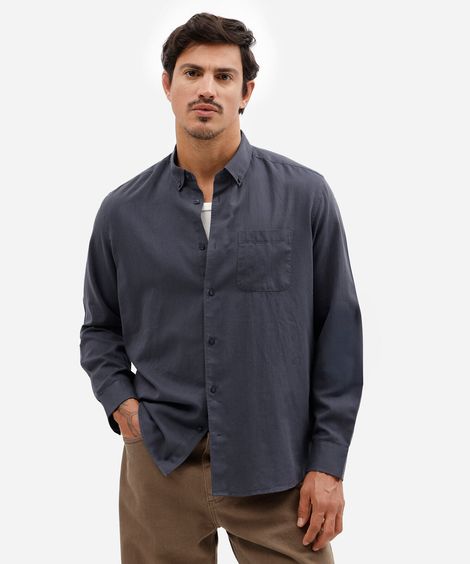 camisa masculina de algodão manga longa com bolso azul