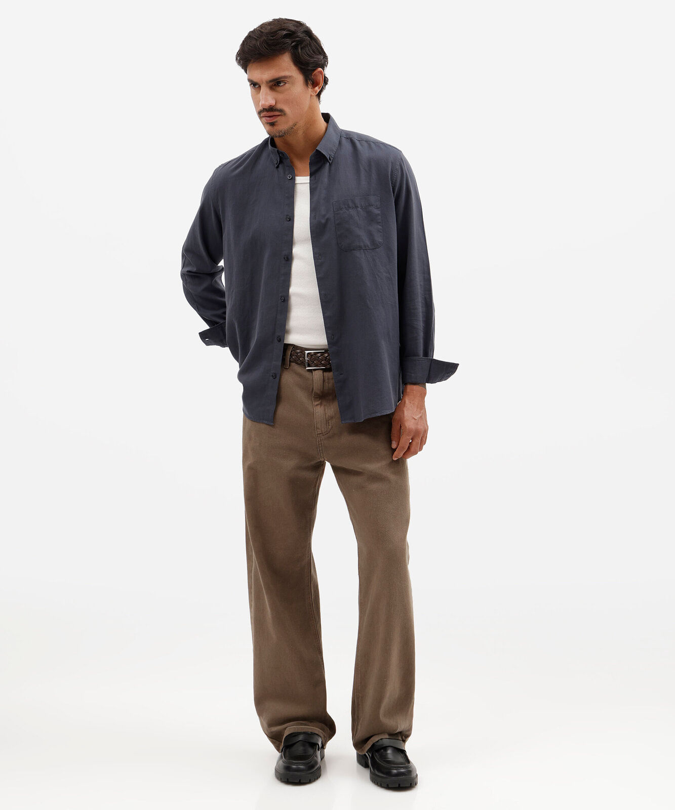 camisa masculina de algodão manga longa com bolso azul