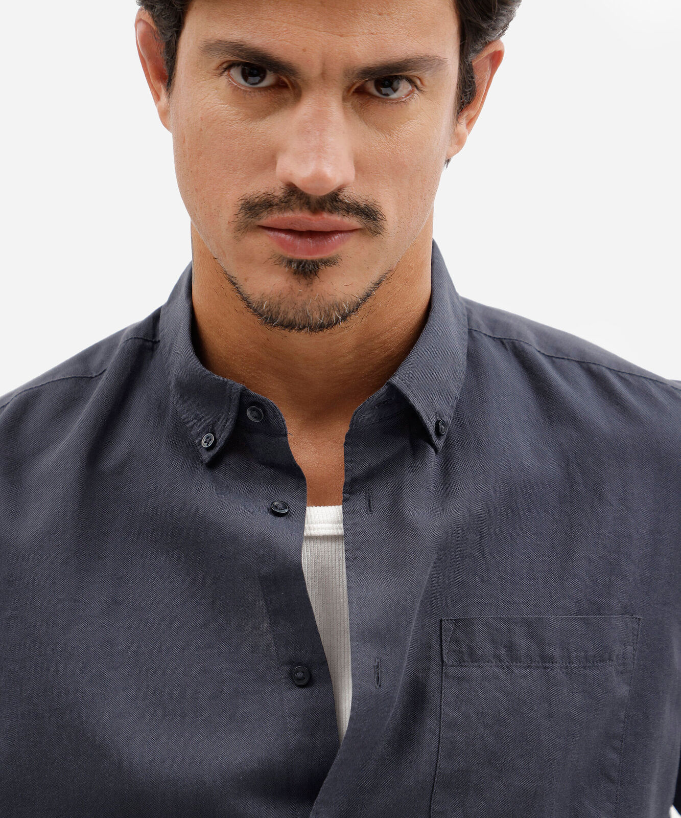 camisa masculina de algodão manga longa com bolso azul
