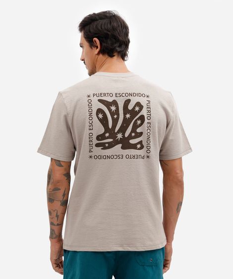 camiseta masculina de algodão manga curta texturizada estampada bege