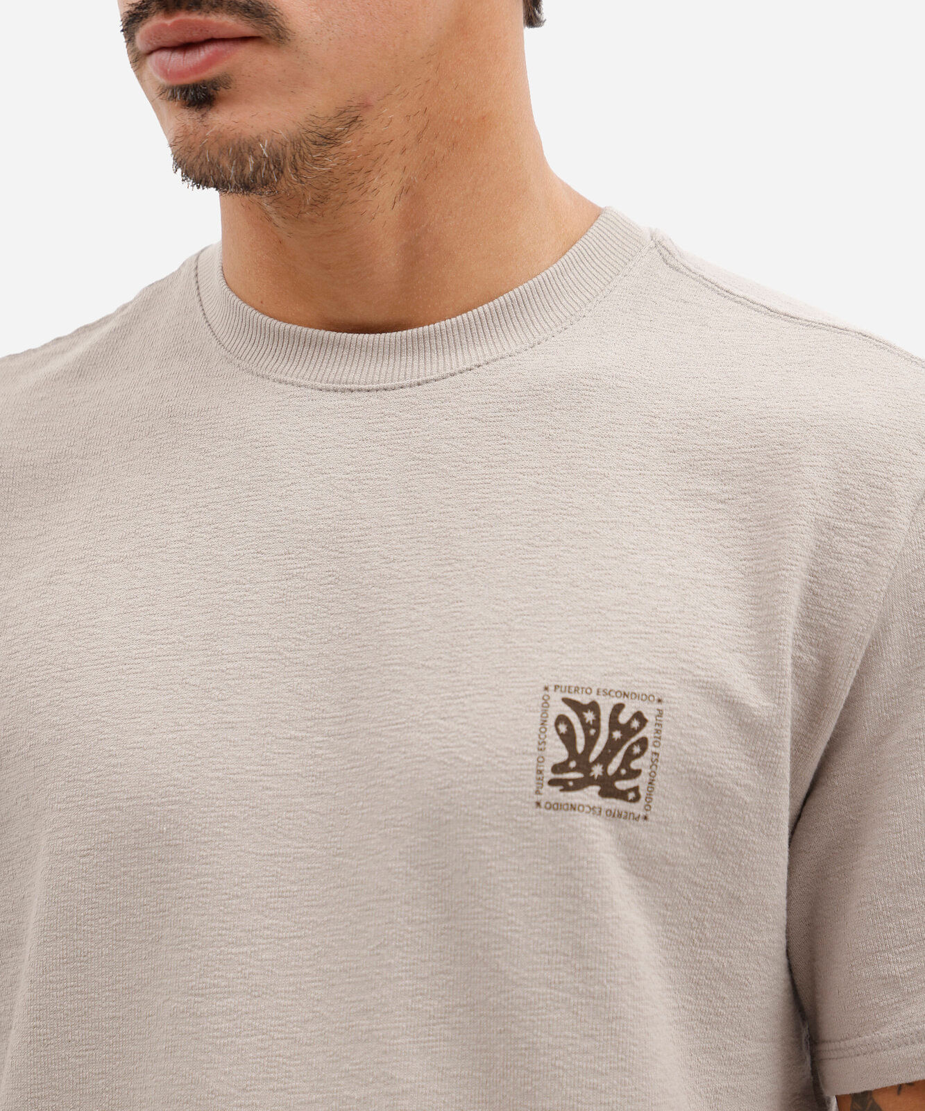 camiseta masculina de algodão manga curta texturizada estampada bege