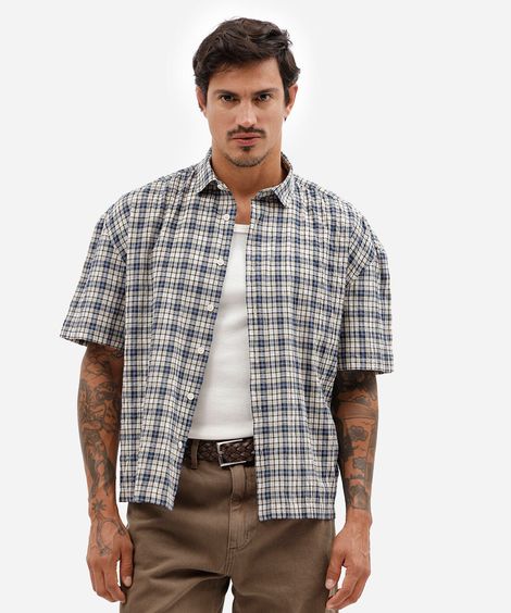 camisa box fit masculina de algodão manga curta texturizada xadrez off white