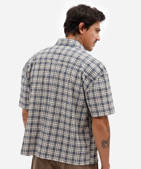 camisa box fit masculina de algodão manga curta texturizada xadrez off white