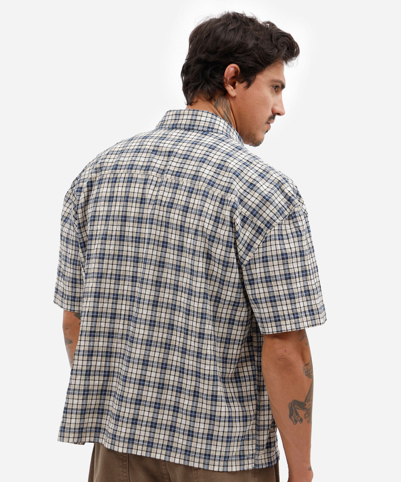 camisa box fit masculina de algodão manga curta texturizada xadrez off white