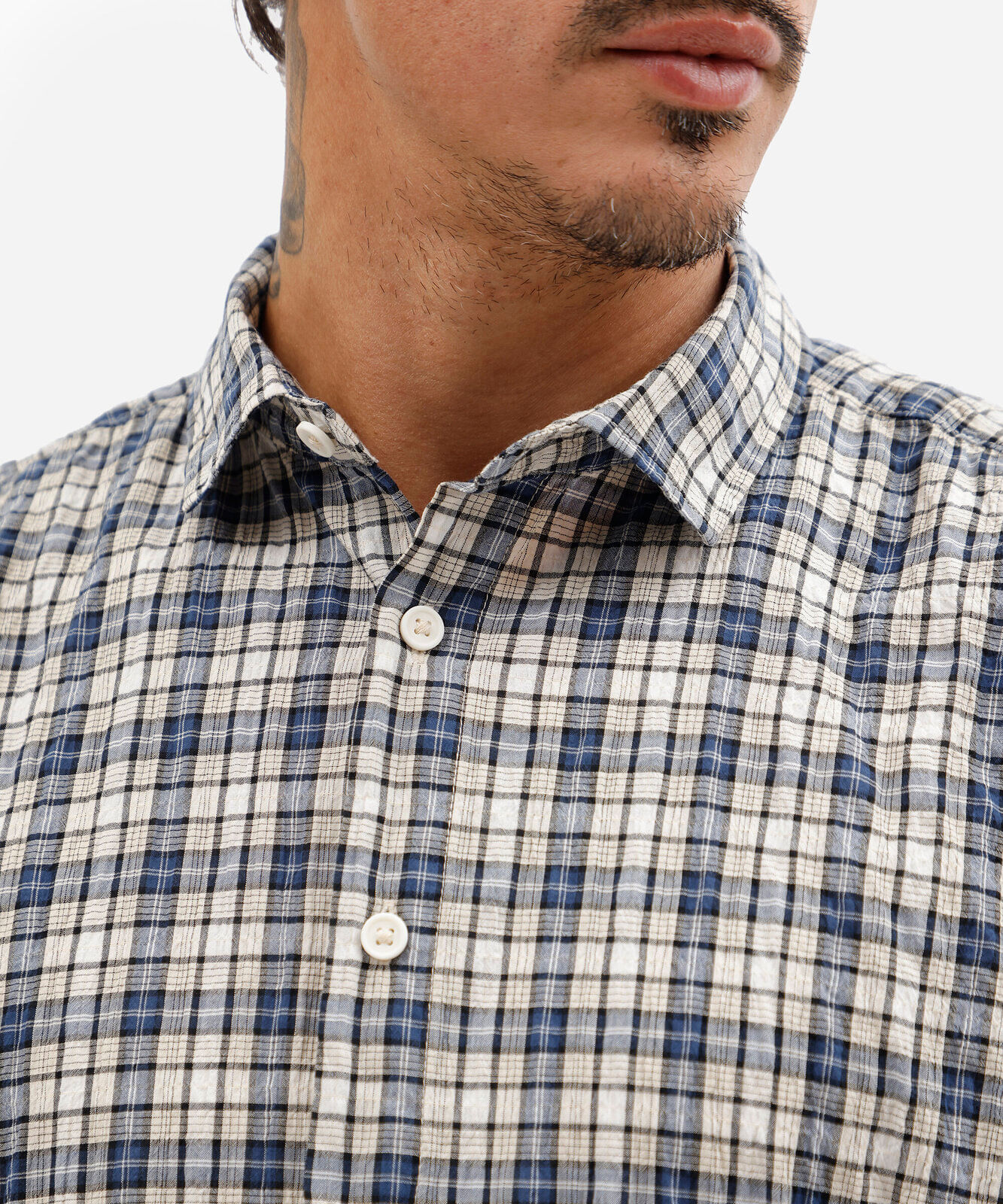 camisa box fit masculina de algodão manga curta texturizada xadrez off white