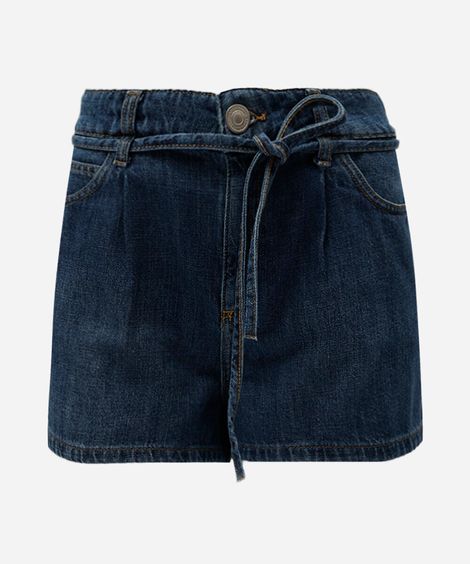 short feminino jeans cintura média com cordão azul