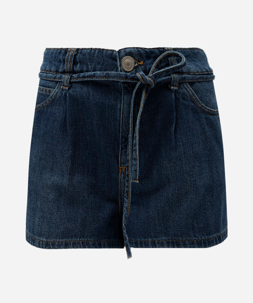 short feminino jeans cintura média com cordão azul