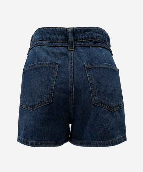 short feminino jeans cintura média com cordão azul