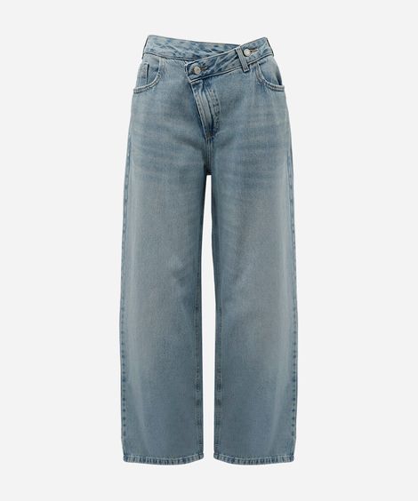 calça wide leg feminina jeans cós cruzado cintura alta azul