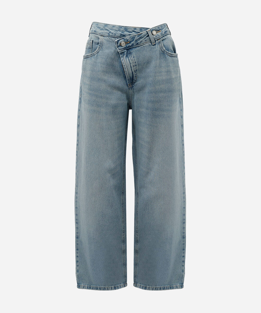 calça wide leg feminina jeans cós cruzado cintura alta azul
