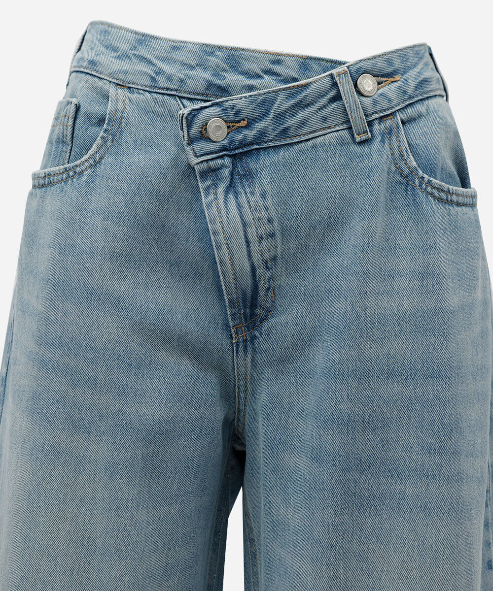 calça wide leg feminina jeans cós cruzado cintura alta azul
