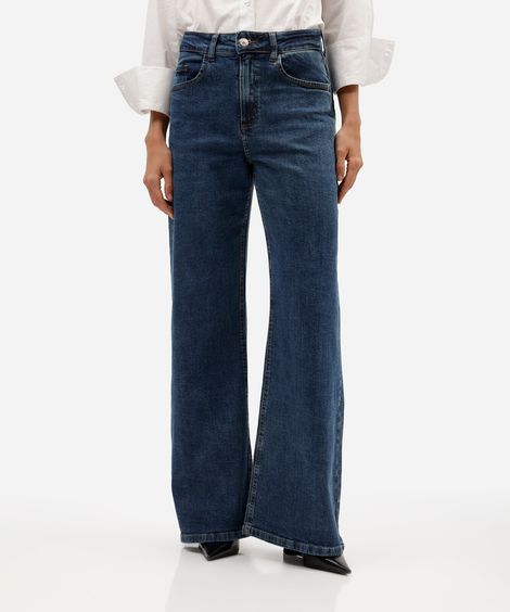 calça wide leg feminina jeans barra desfiada azul