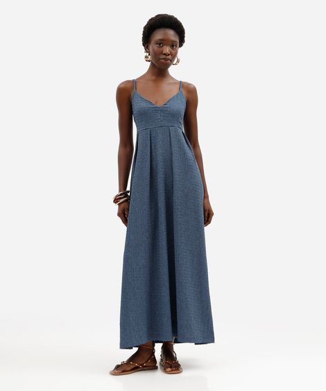 vestido longo feminino alça fina decote v texturizado azul