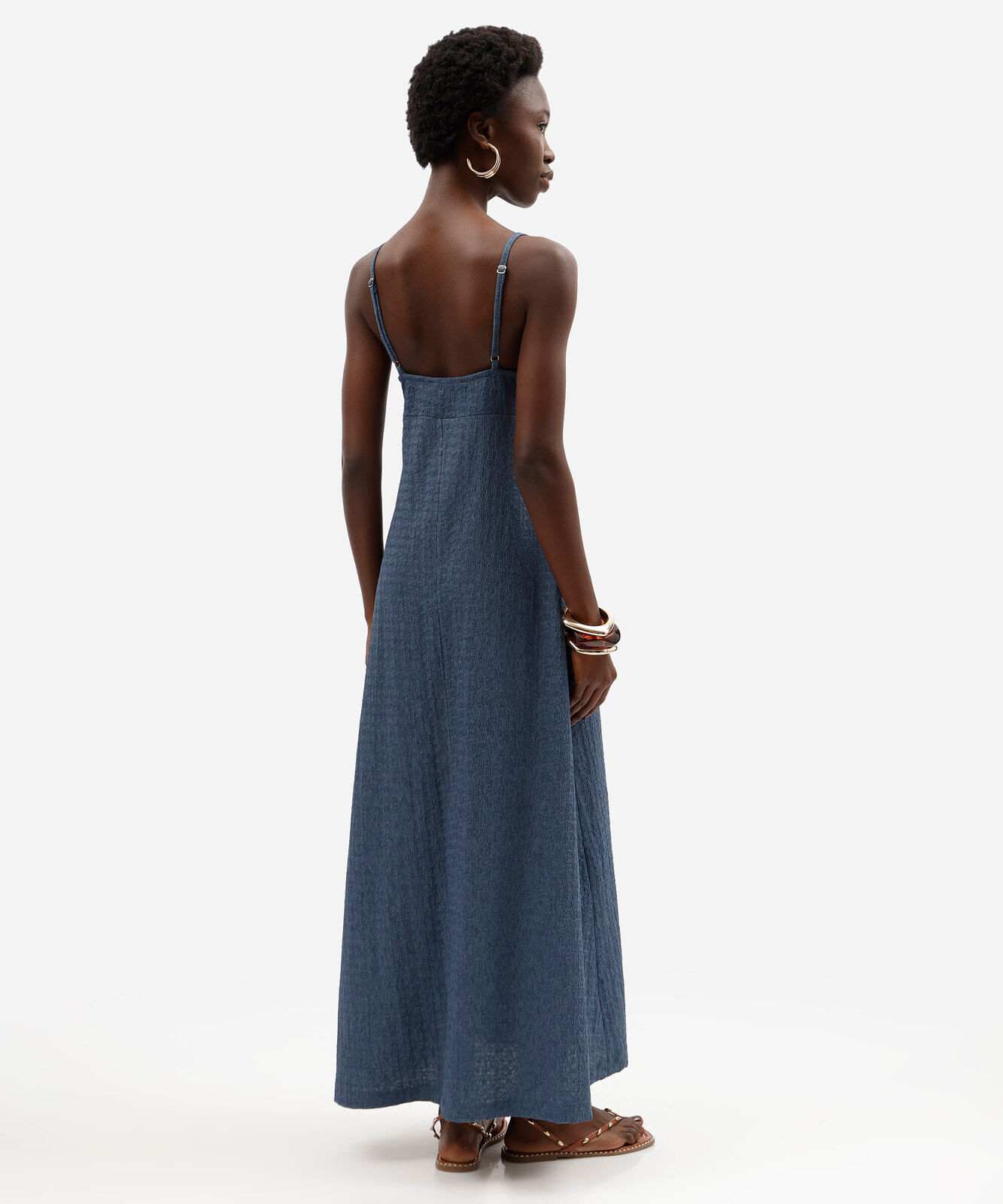 vestido longo feminino alça fina decote v texturizado azul