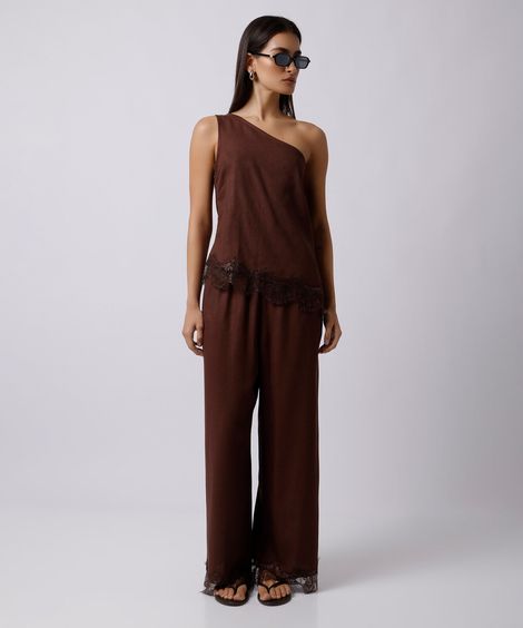 calça pantalona feminina com linho e renda mindset marrom