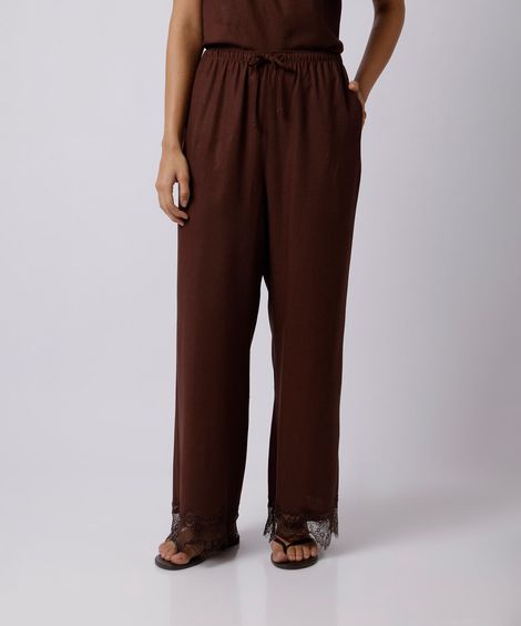 calça pantalona feminina com linho e renda mindset marrom
