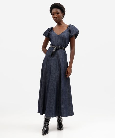 vestido longo feminino jeans com linho manga bufante azul