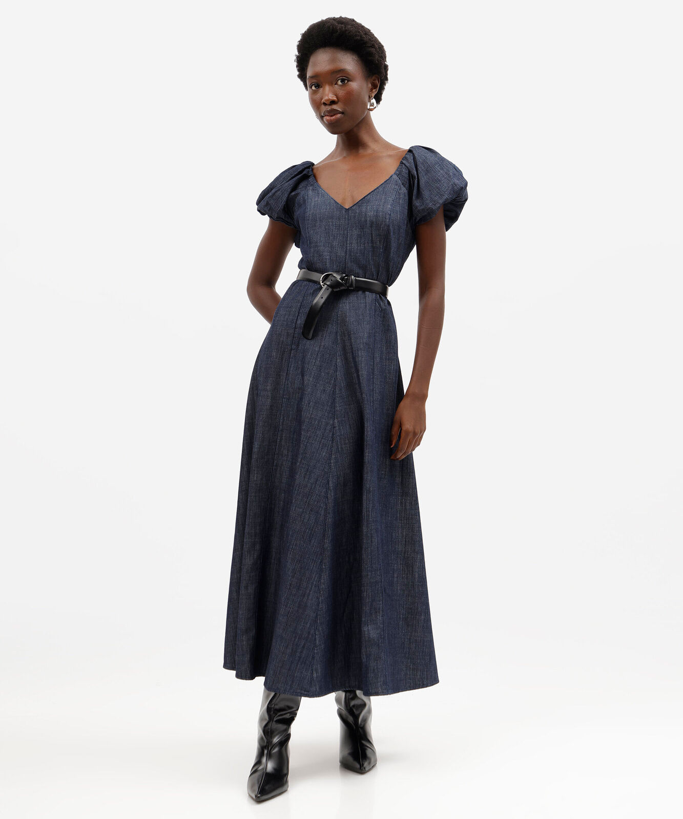 vestido longo feminino jeans com linho manga bufante azul