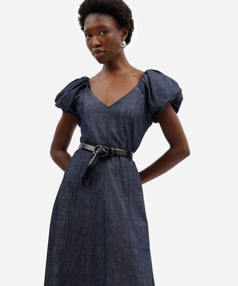 vestido longo feminino jeans com linho manga bufante azul