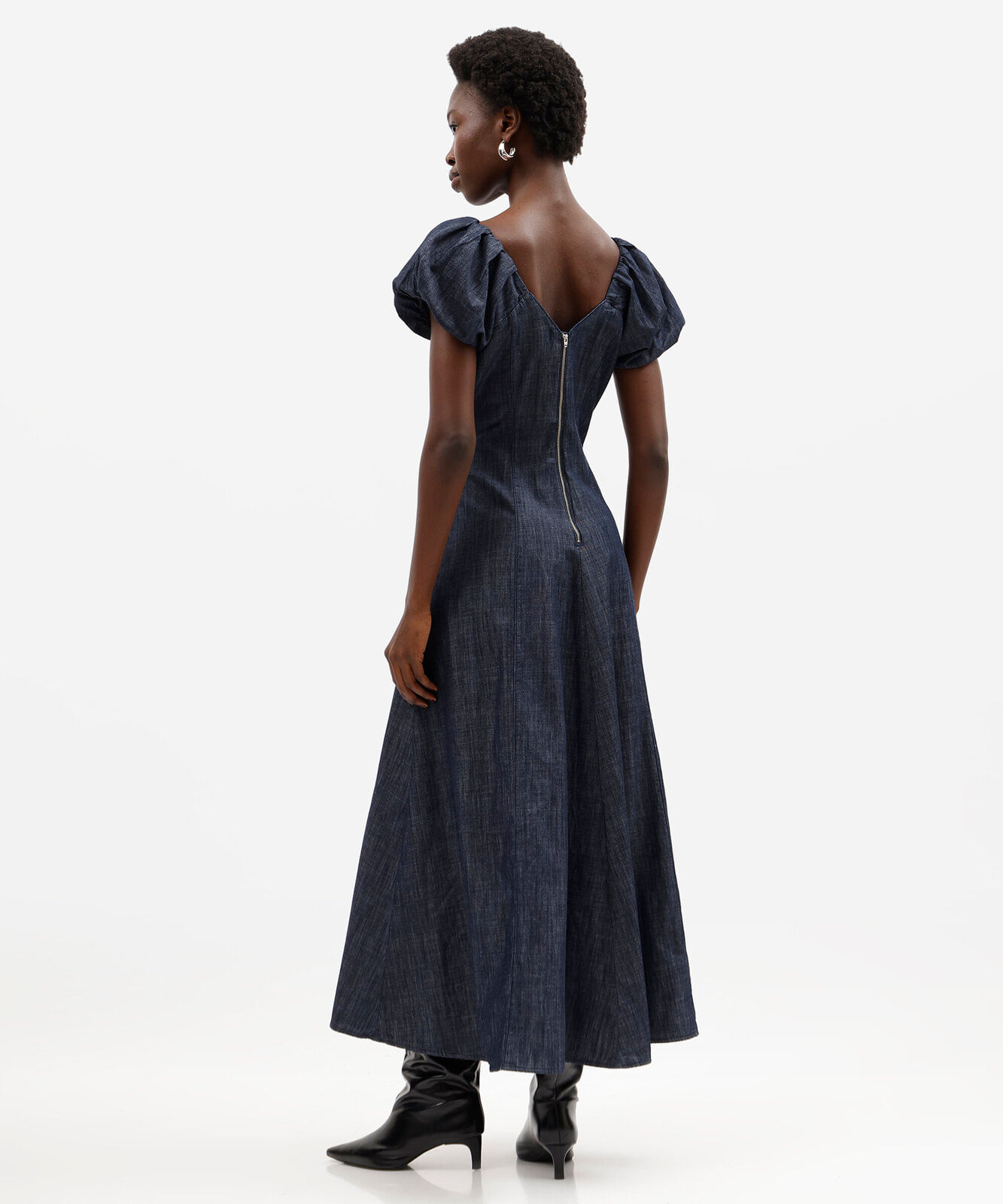 vestido longo feminino jeans com linho manga bufante azul