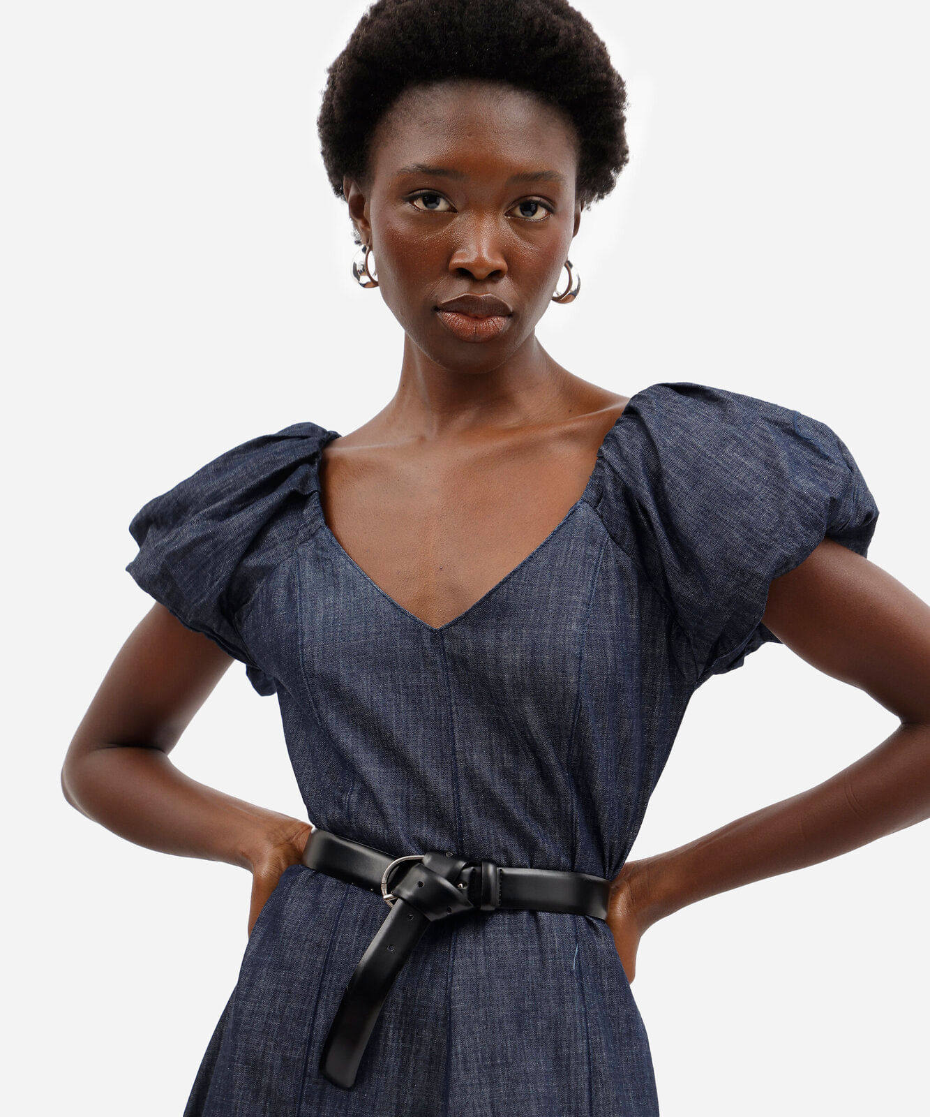 vestido longo feminino jeans com linho manga bufante azul