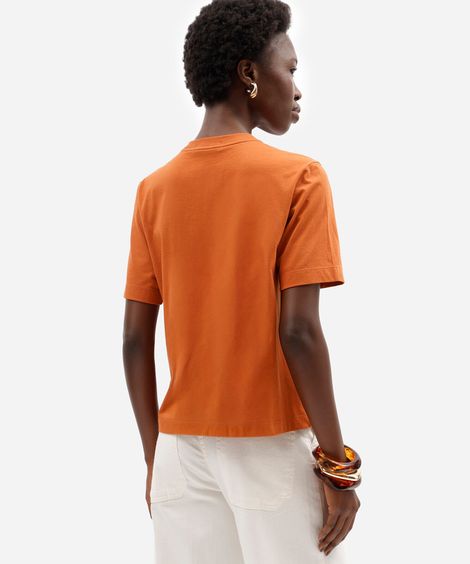 camiseta feminina de algodão manga curta com bordado laranja