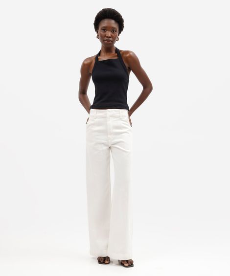 calça wide leg feminina de sarja cintura alta off white