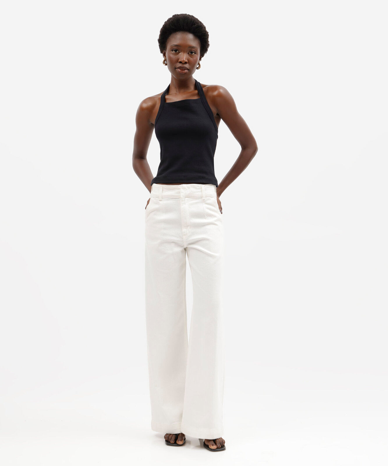 calça wide leg feminina de sarja cintura alta off white