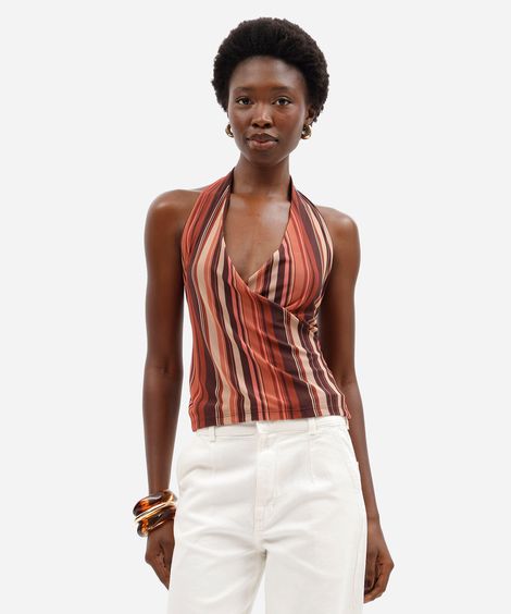 blusa feminina de tule frente única listrada marrom