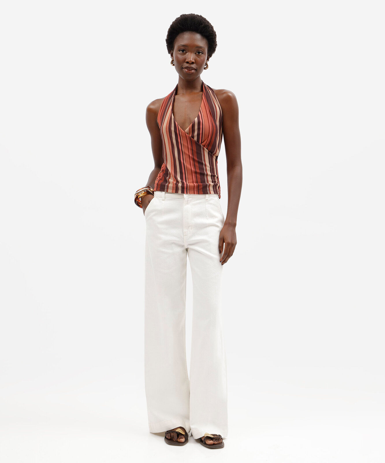 blusa feminina de tule frente única listrada marrom