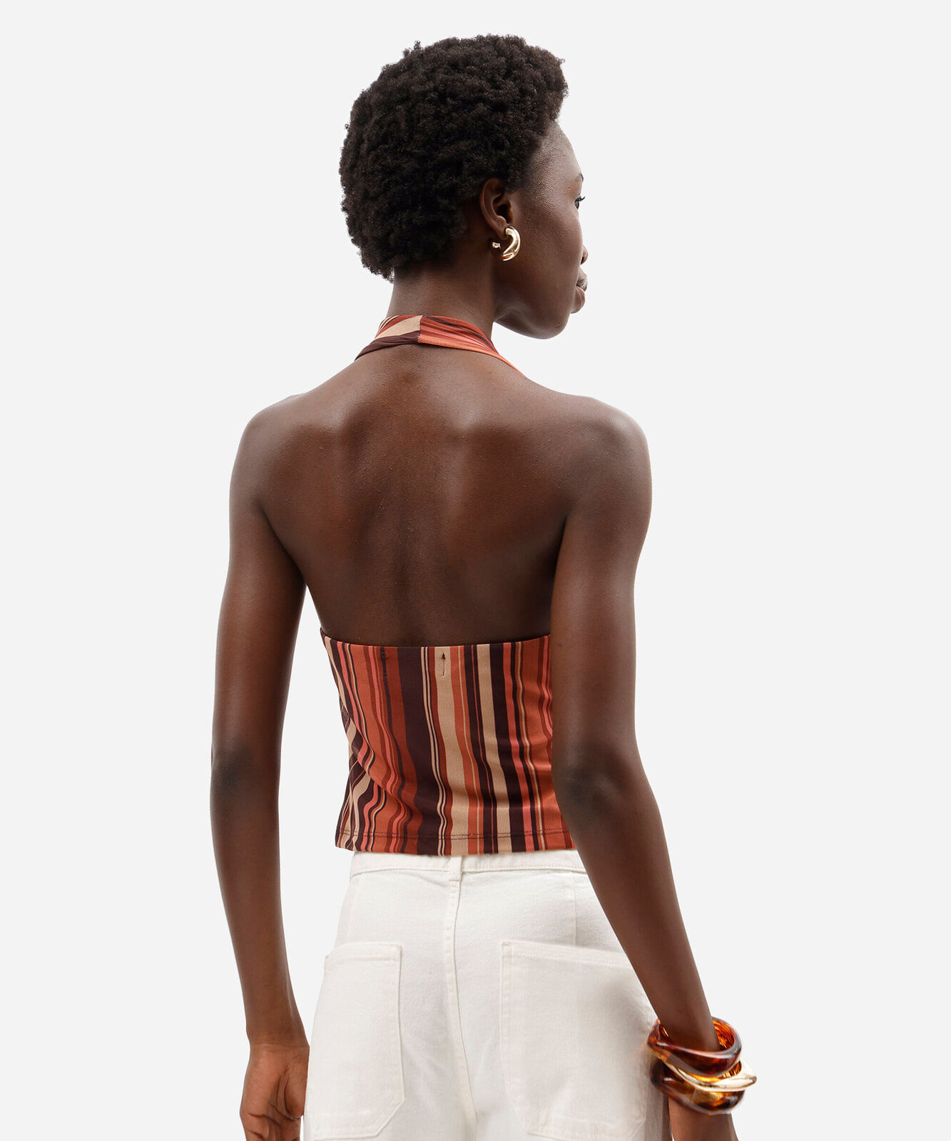 blusa feminina de tule frente única listrada marrom