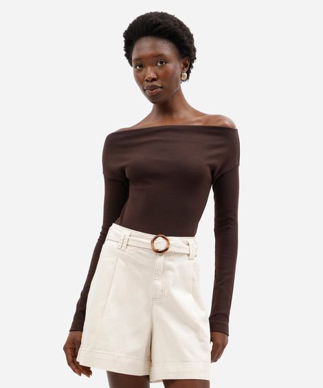 blusa feminina de algodão decote canoa manga longa canelada marrom