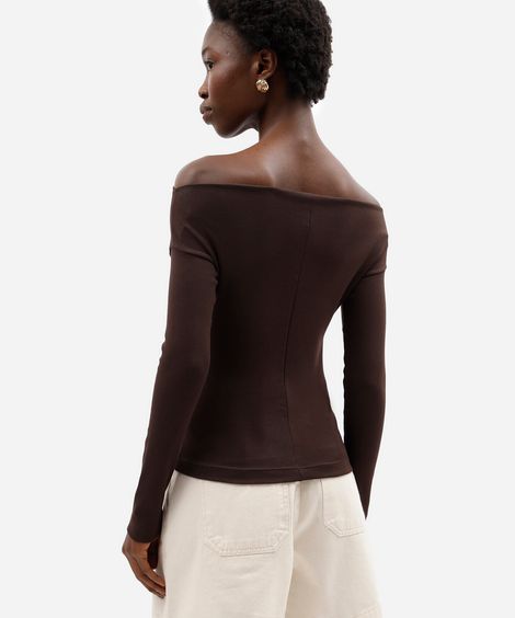 blusa feminina de algodão decote canoa manga longa canelada marrom