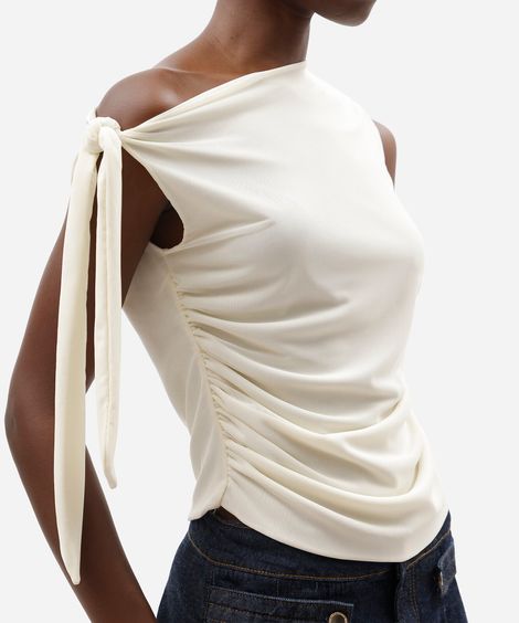 blusa feminina de tule franzida com amarração off white