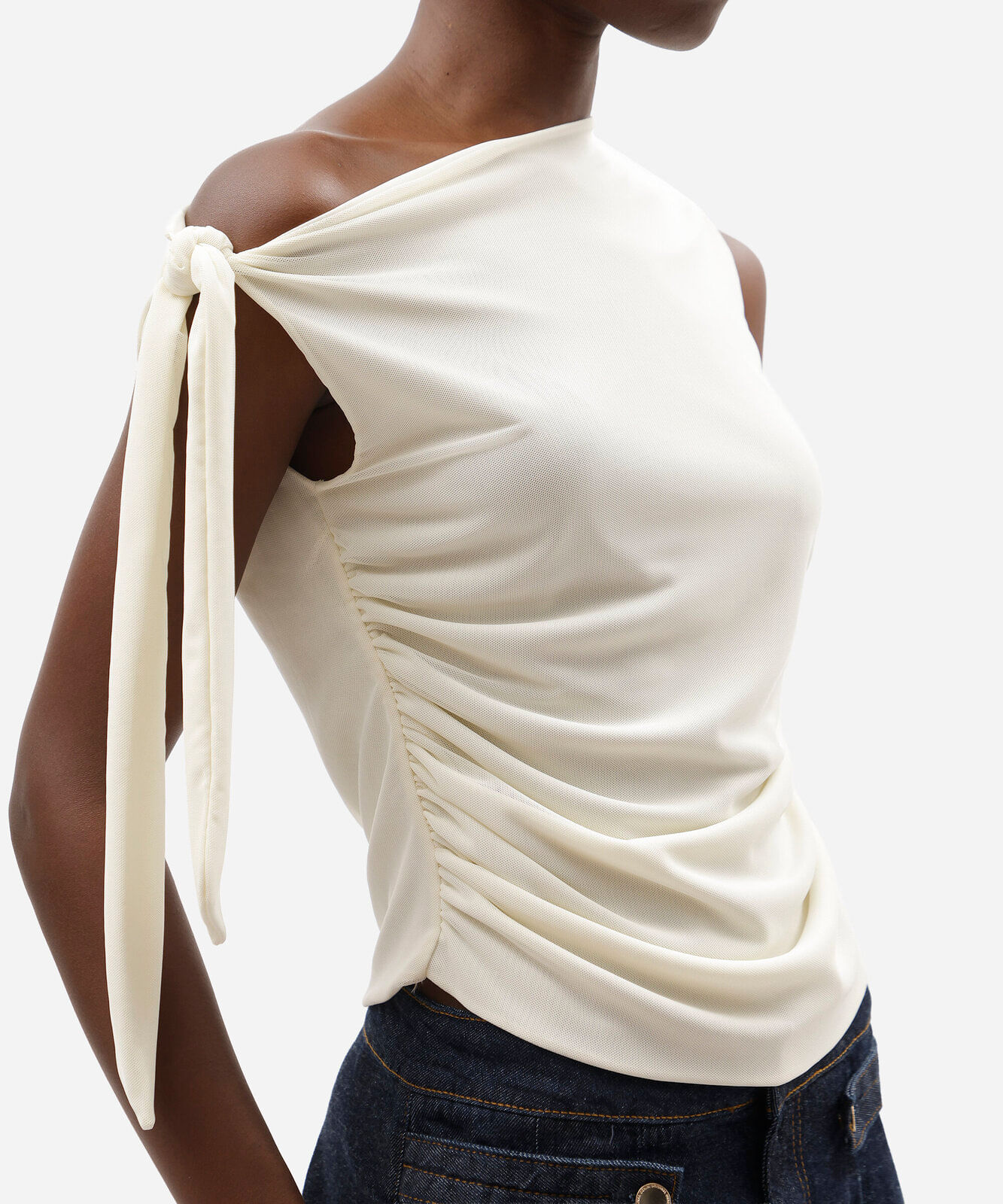 blusa feminina de tule franzida com amarração off white